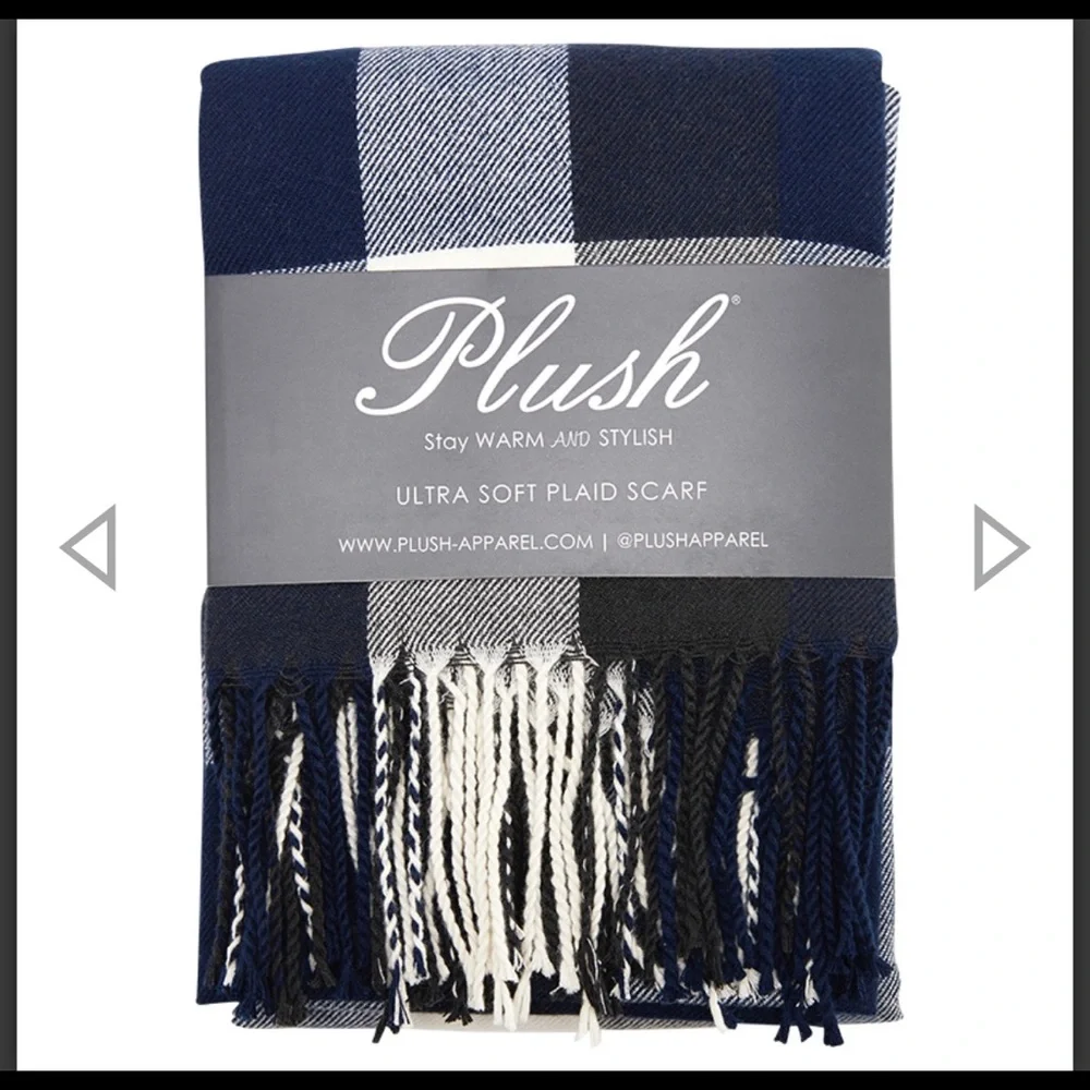 Blue & Black Plaid Fringe Scarf — Soft & Cozy
